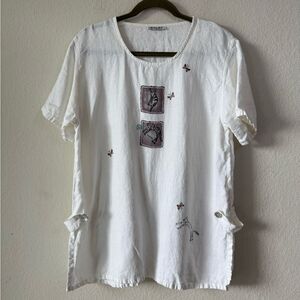 Vintage 80s Focus USA 100% Linen Top Tunic Cat Butterfly Print Sz M* Coastal